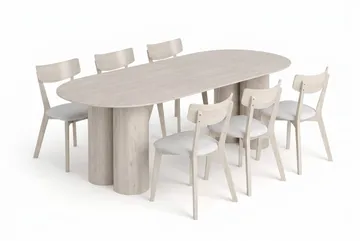 Juno Matgrupp 220 cm rektangulärt Vitlaserad med 6 Amelia Matstolar med Dyna - Vitlaserad/Beige - Products - Utemöbler & utemiljö - Utegrupp - Matgrupp utomhus