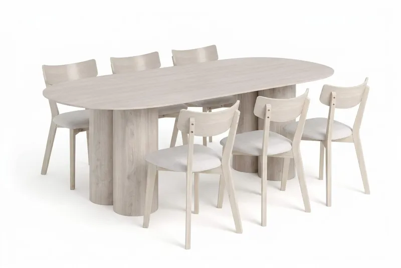 Juno Matgrupp 220 cm rektangulärt Vitlaserad med 6 Amelia Matstolar med Dyna - Vitlaserad/Beige - Products - Utemöbler & utemiljö - Utegrupp - Matgrupp utomhus