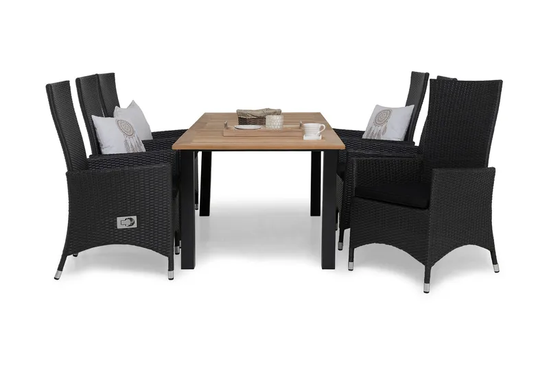 Las Vegas Matgrupp Utomhus 152-210 + 6 Jenny Ställbar Fåtölj, Inkl Dyna Teak/Svart