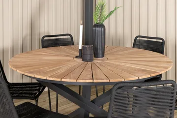 Mexico Matgrupp Utomhus Rund Ø140cm + 6 Lindos Stapelbara Matstolar - Svart - Products - Utemöbler & utemiljö - Utegrupp - Matgrupp utomhus