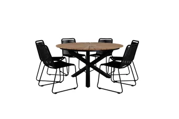 Mexico Matgrupp Utomhus Rund Ø140cm + 6 Lindos Stapelbara Matstolar - Svart - Products - Utemöbler & utemiljö - Utegrupp - Matgrupp utomhus