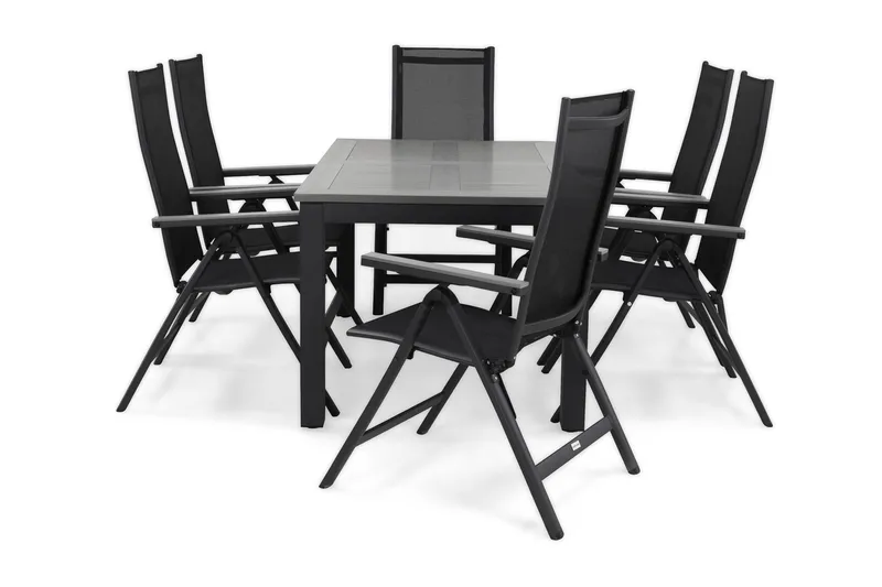 Monaco Matgrupp Utomhus 152-210 + 6 Positionsstol, Svart/Grå