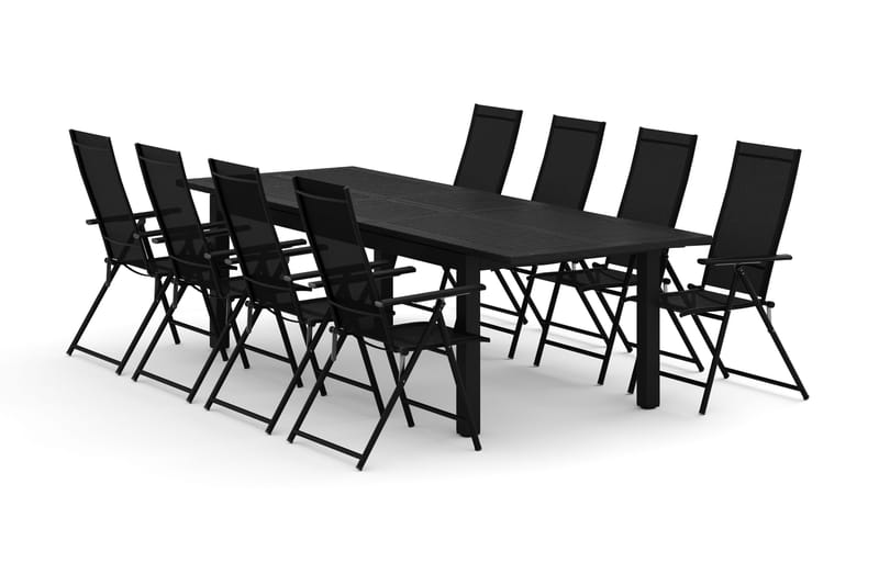 Monaco utomhus matgrupp förlängningsbart 210/310x90 med 8 Sanna positionsstolar, Svart/Grå