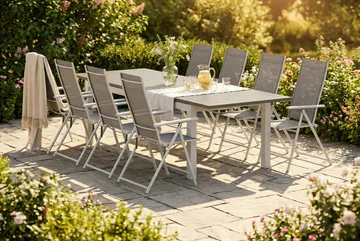 Monaco utomhus matgrupp förlängningsbart 210/310x90 med 8 Sanna positionsstolar - Vit/Grå - Products - Utemöbler & utemiljö - Utegrupp - Matgrupp utomhus
