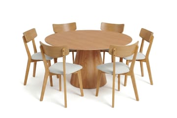 Siena Matgrupp 150 cm runt i Ek med 6 Amelia Matstolar med Dyna - Ek/Beige - Products - Utemöbler & utemiljö - Utegrupp - Matgrupp utomhus