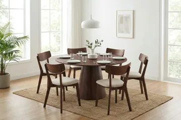 Siena Matgrupp 150 cm runt i Valnöt med 6 Amelia Matstolar med Dyna - Valnöt/Beige - Products - Utemöbler & utemiljö - Utegrupp - Matgrupp utomhus