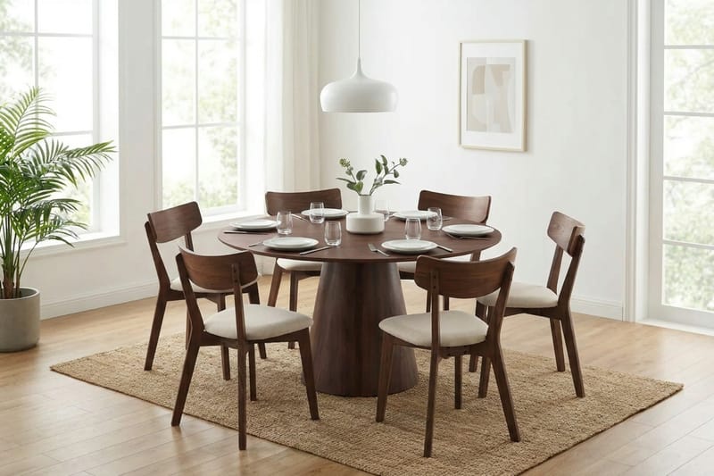 Siena Matgrupp 150 cm runt i Valnöt med 6 Amelia Matstolar med Dyna - Valnöt/Beige - Products - Utemöbler & utemiljö - Utegrupp - Matgrupp utomhus