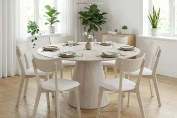 Siena Matgrupp 150 cm runt Vitlaserad med 6 Amelia Matstolar med Dyna - Vitlaserad/Beige - Products - Utemöbler & utemiljö - Utegrupp - Matgrupp utomhus