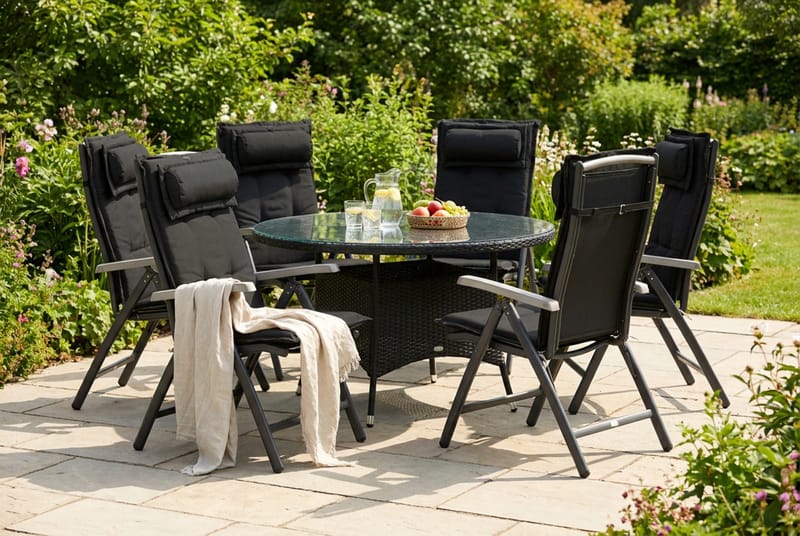 Thor Matgrupp 140 Rund + 6 Monaco Positionsstol m Dyna - Svart/Grå - Products - Utemöbler & utemiljö - Utegrupp - Matgrupp utomhus