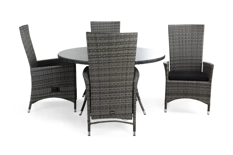 Thor Matgrupp Utomhus Ø140 + 4 Jenny Ställbar Fåtölj m Dyna, Grå/Grå/Svart