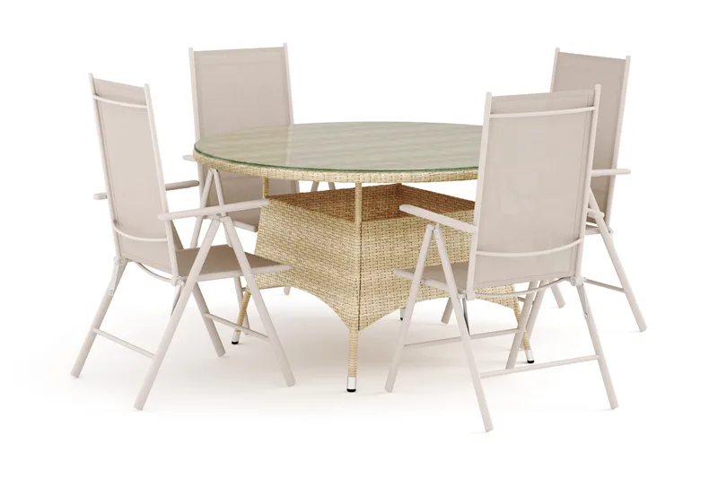 Thor utomhus rund matgrupp 140 cm med 4 Maggie positionsstolar - Beige - Products - Utemöbler & utemiljö - Utegrupp - Matgrupp utomhus
