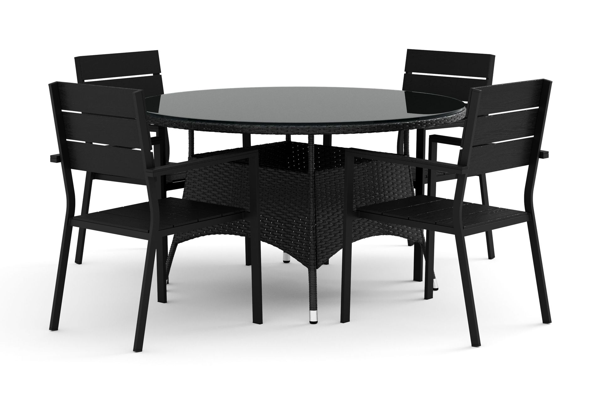 Thor utomhus rund matgrupp 140 cm med 4 Tunis stapelstolar