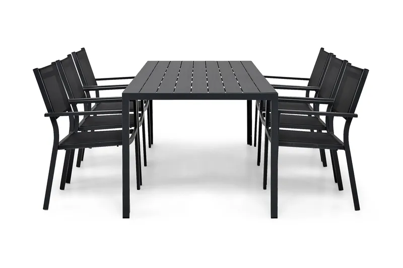 Tunis Matgrupp 205x90 cm + 6 Tunis Stapelstol - Svart/Svart - Products - Utemöbler & utemiljö - Utegrupp - Matgrupp utomhus