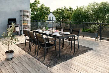 Tunis Matgrupp 205x90 cm + 6 Tunis Stapelstol - Svart/Svart - Products - Utemöbler & utemiljö - Utegrupp - Matgrupp utomhus