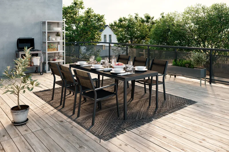 Tunis Matgrupp 205x90 cm + 6 Tunis Stapelstol - Svart/Svart - Products - Utemöbler & utemiljö - Utegrupp - Matgrupp utomhus