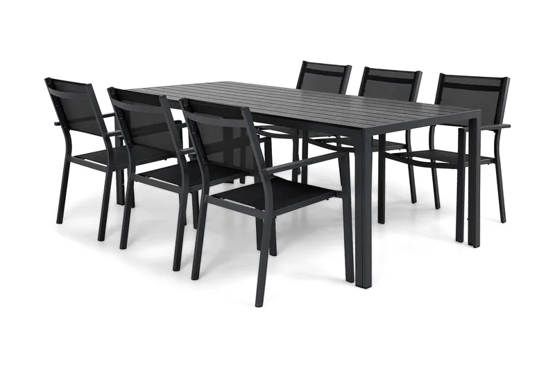 Tunis Matgrupp 205x90 cm + 6 Tunis Stapelstol - Svart/Svart - Products - Utemöbler & utemiljö - Utegrupp - Matgrupp utomhus