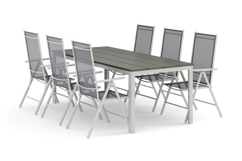 Tunis utomhus matgrupp 205x90 cm med 6 Maggie positionsstolar, Vit/Grå
