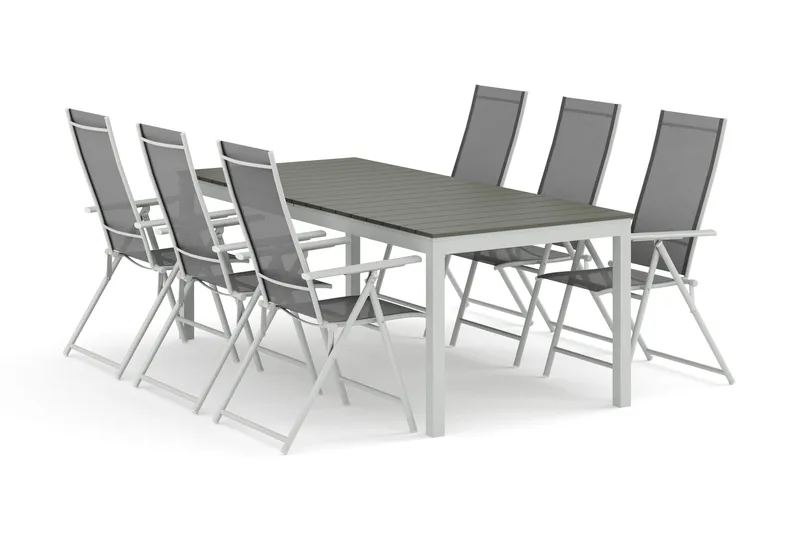 Tunis utomhus matgrupp förlängningsbart 205/305x90 cm med 6 Sanna positionsstolar, Vit/Grå