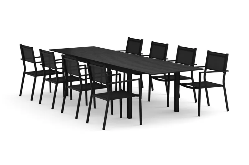 Tunis utomhus matgrupp förlängningsbart 205/305x90 cm med 8 Tunis stapelstolar, Svart/Svart