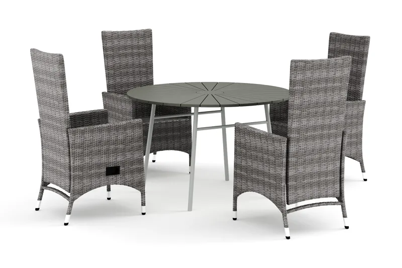Tunis utomhus rund matgrupp 120 cm med 4 Jenny matstolar, Vit/Grå