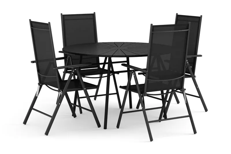 Tunis utomhus rund matgrupp 120 cm med 4 Maggie positionsstolar - Svart/Svart - Products - Utemöbler & utemiljö - Utegrupp - Matgrupp utomhus