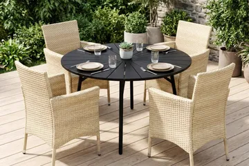 Tunis utomhus rund matgrupp 120 cm med 4 Thor utefåtöljer - Svart/Svart - Products - Utemöbler & utemiljö - Utegrupp - Matgrupp utomhus
