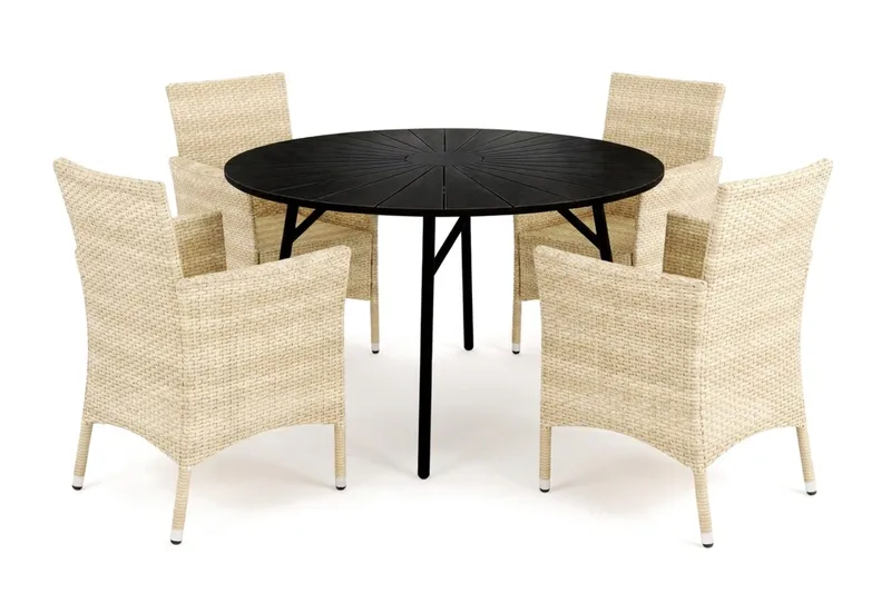 Tunis utomhus rund matgrupp 120 cm med 4 Thor utefåtöljer, Svart/Svart