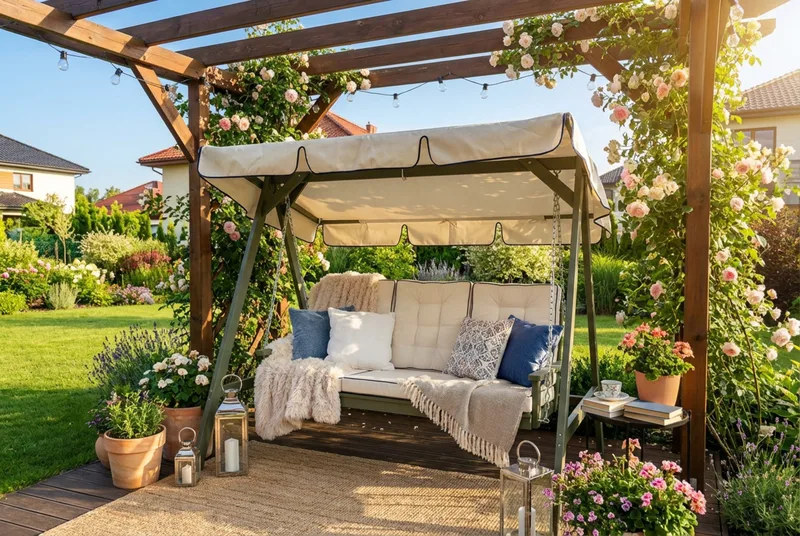 Landet Hammock Gungsoffa med tak i akacia trä inklusive dynor 195x125x159 - Vit / Mörkgrön - Products - Utemöbler & utemiljö - Utesoffa - Hammock