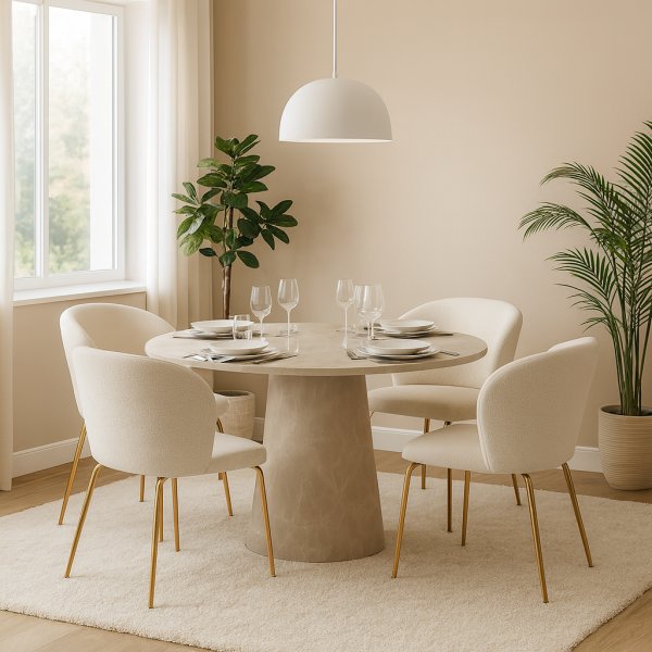 Matgrupp Lanzo �120 cm marmor beige med 4 st stolar i boucl� och m�ssingsben