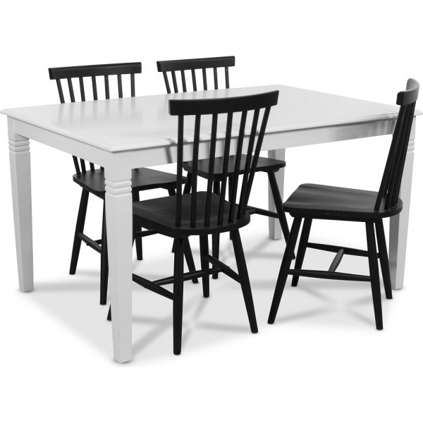 Mellby matgrupp 140 cm bord med 4 st svarta Karl pinnstolar - Vit / Svart + 4.00 x Stolsdyna