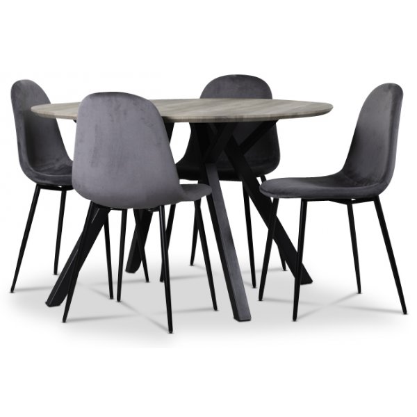 Smokey matgrupp, runt matbord med 4 st Carisma sammetsstolar - Grå Smokey matgrupp, runt matbord med 4 st Carisma sammetsstolar - Grå