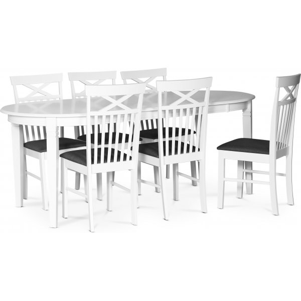 Sandhamn matgrupp ovalt matbord med 6 st Sofiero stolar med kryss i ryggen + 6.00 x Stolsdyna