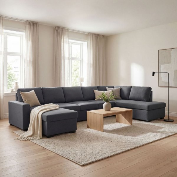 Solna m�rkgr� v�ndbar U-soffa 367 cm + M�beltassar