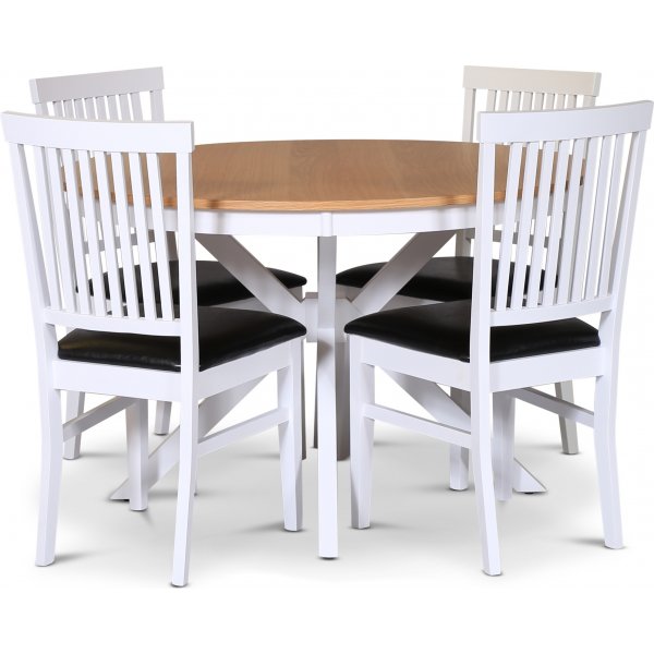 Troms� matgrupp; runt matbord 120 cm - Vit / oljad ek med 4 st F�r� stolar med sits i svart PU + 4.00 x Stolsdyna