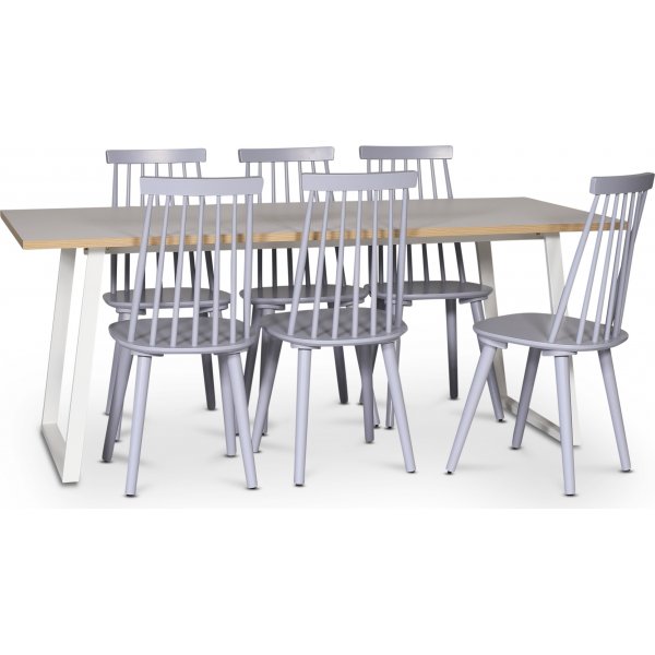 Edge matgrupp; Matbord i vit HPL 190x90 cm med 6 st gr�a Dalsland pinnstolar