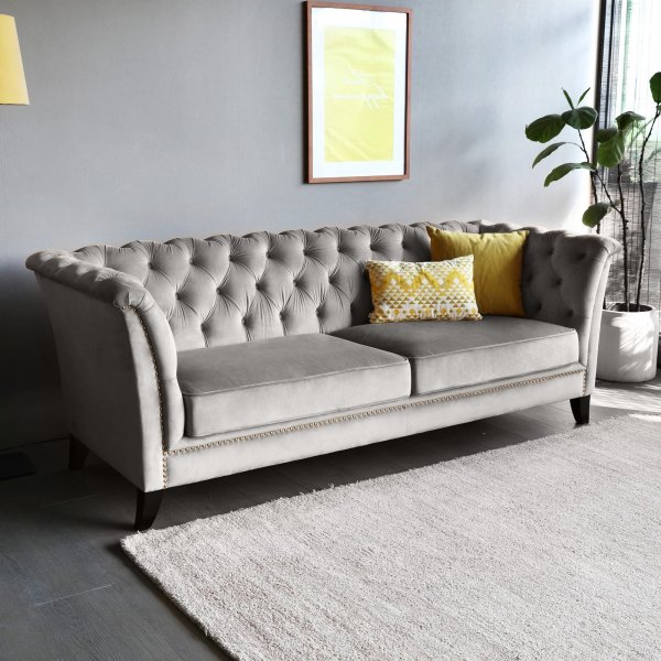 Soffa chesterfield 3-sits gr� - Henry + Reng�ring f�r m�bler