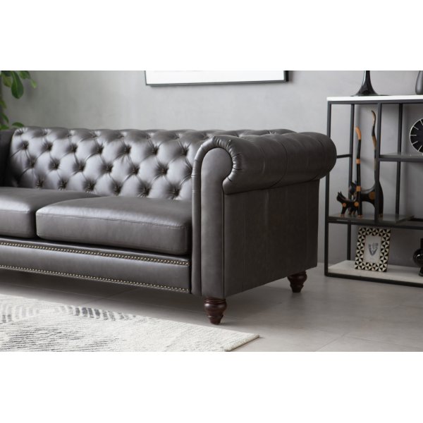 Soffa chesterfield 3-sits 219 cm mörkbrunt konstläder + Textilvård för möbler Soffa chesterfield 3-sits 219 cm mörkbrunt konstläder + Textilvård för möbler