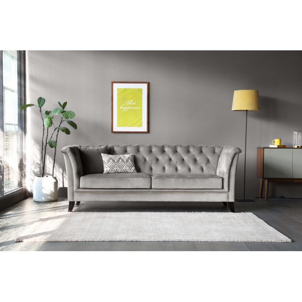 Soffa chesterfield 3-sits gr� - Henry + Reng�ring f�r m�bler