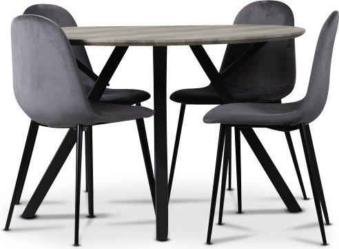 Smokey matgrupp, runt matbord med 4 st Carisma sammetsstolar - Grå Smokey matgrupp, runt matbord med 4 st Carisma sammetsstolar - Grå