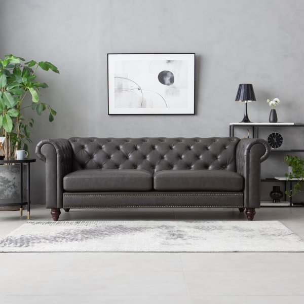 Soffa chesterfield 3-sits 219 cm mörkbrunt konstläder + Textilvård för möbler Soffa chesterfield 3-sits 219 cm mörkbrunt konstläder + Textilvård för möbler