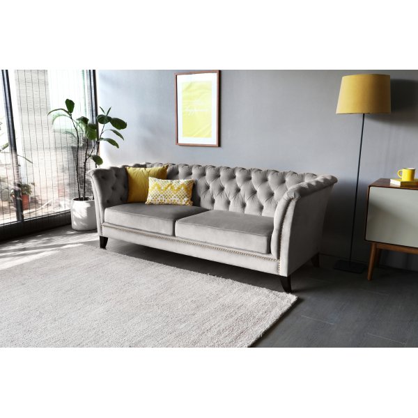 Soffa chesterfield 3-sits gr� - Henry + Reng�ring f�r m�bler