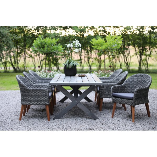 Oxford utematgrupp; grått bord 220 cm inkl 6 st Valetta fåtöljer grå konstrotting Oxford utematgrupp; grått bord 220 cm inkl 6 st Valetta fåtöljer grå konstrotting