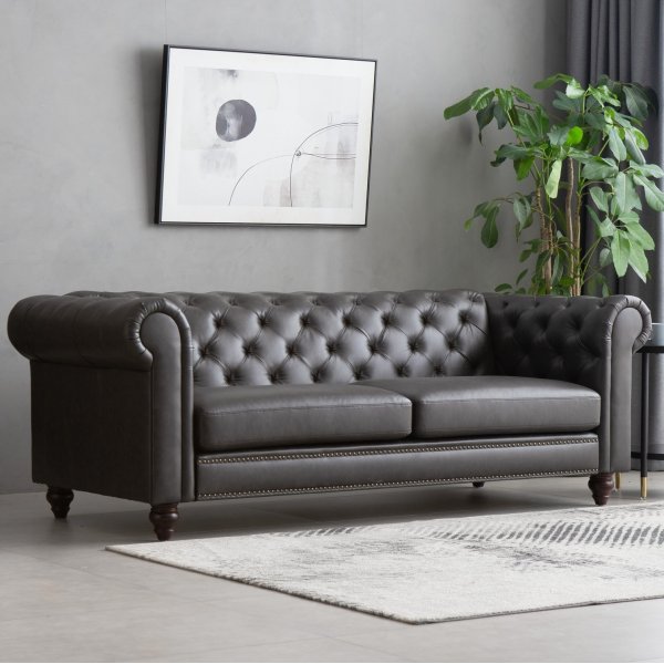 Soffa chesterfield 3-sits 219 cm mörkbrunt konstläder + Textilvård för möbler Soffa chesterfield 3-sits 219 cm mörkbrunt konstläder + Textilvård för möbler
