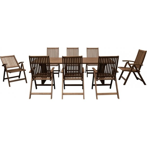 Sot� utegrupp, stort matbord med 8 st f�llbara stolar i eukalyptus