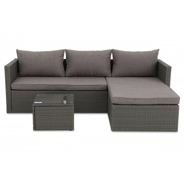 Utegrupp; divansoffa med bord i gr� rotting + M�beltassar