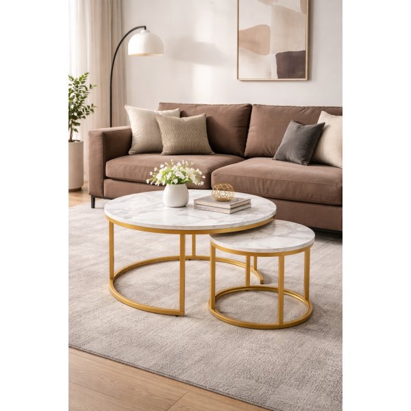 Satsbord Ø38/60 cm - Vit marmoreffekt / guld Satsbord Ø38/60 cm - Vit marmoreffekt / guld