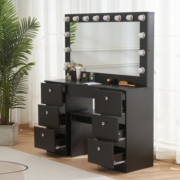 Sminkbord med belysning och kristall-handtag Sminkbord med belysning och kristall-handtag