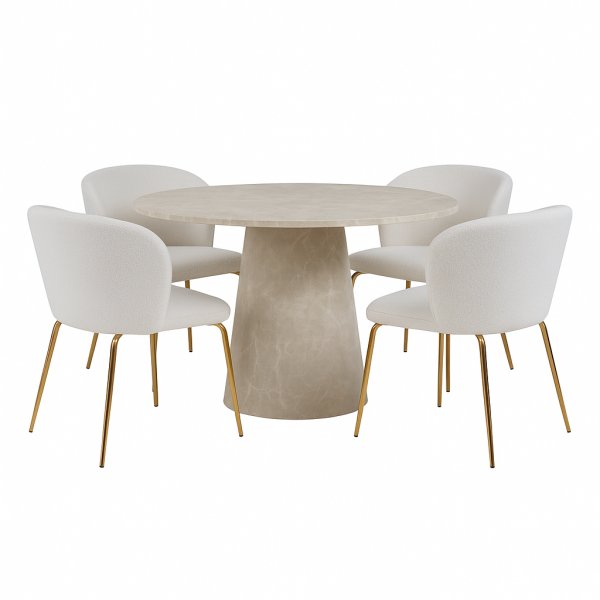 Matgrupp Lanzo �120 cm marmor beige med 4 st stolar i boucl� och m�ssingsben
