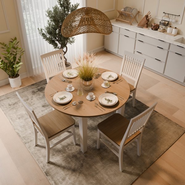 Matgrupp: L�ck� matbord, runt - vit / oljad ek + 4 st Selma stol - vit / oljad ek + 3.00 x M�beltassar