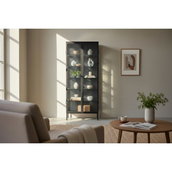 Vitrinsk�p Elegance II 80x37x200 cm - Svart metall med frostat glas